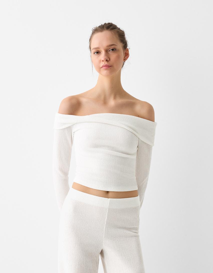Waffle-knit long sleeve Bardot T-shirt-Off white-1