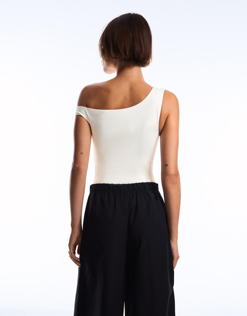 Asymmetric ruched strappy bodysuit-Cream