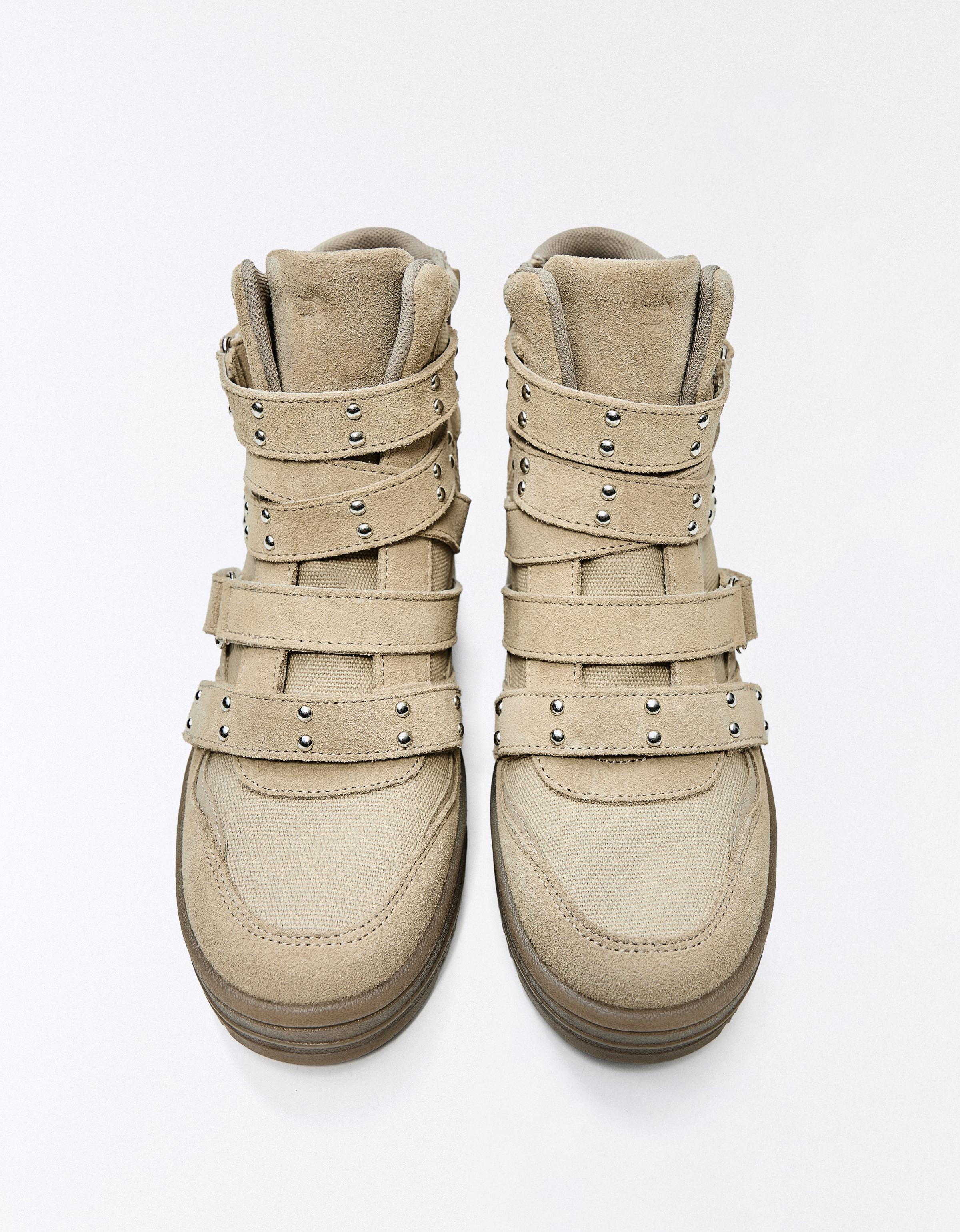 STUDDED HIGH-TOP TRAINERS — SAND