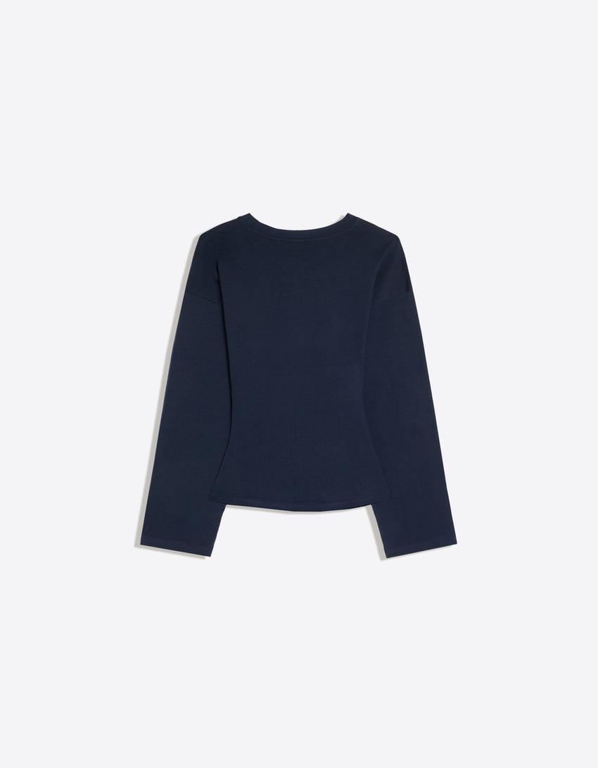 Long sleeve gathered T-shirt-Navy
