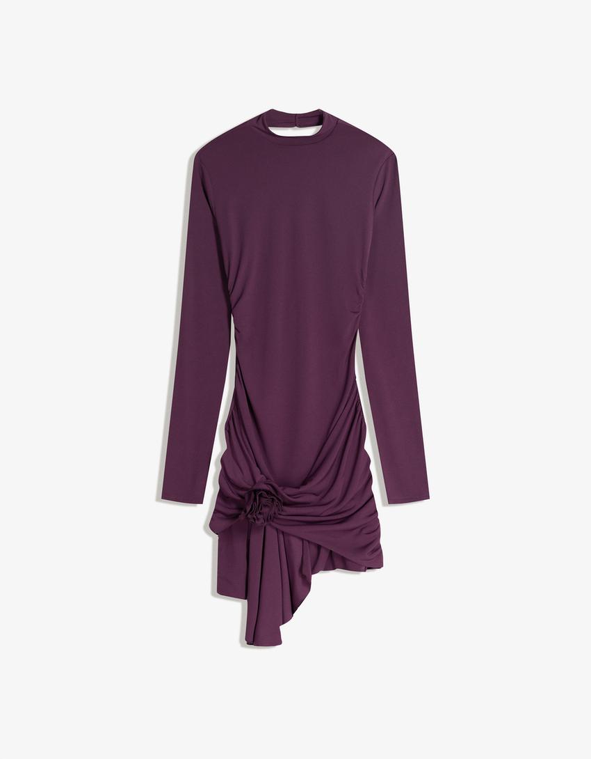 Vestido mini faixa franzido flor-Roxo