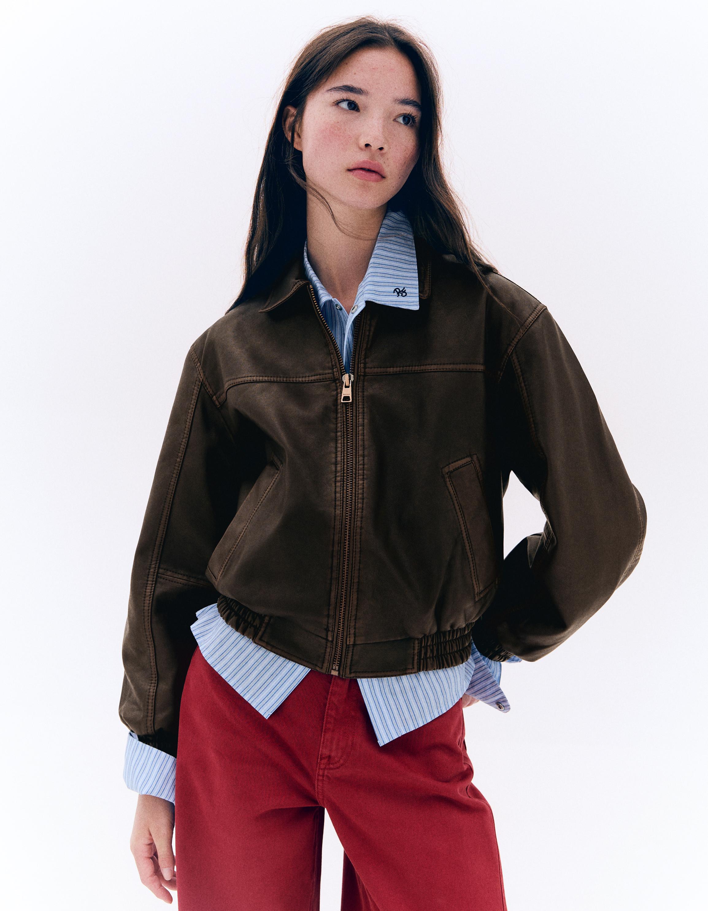 Bershka Cazadora Efecto Piel Mujer Marrón