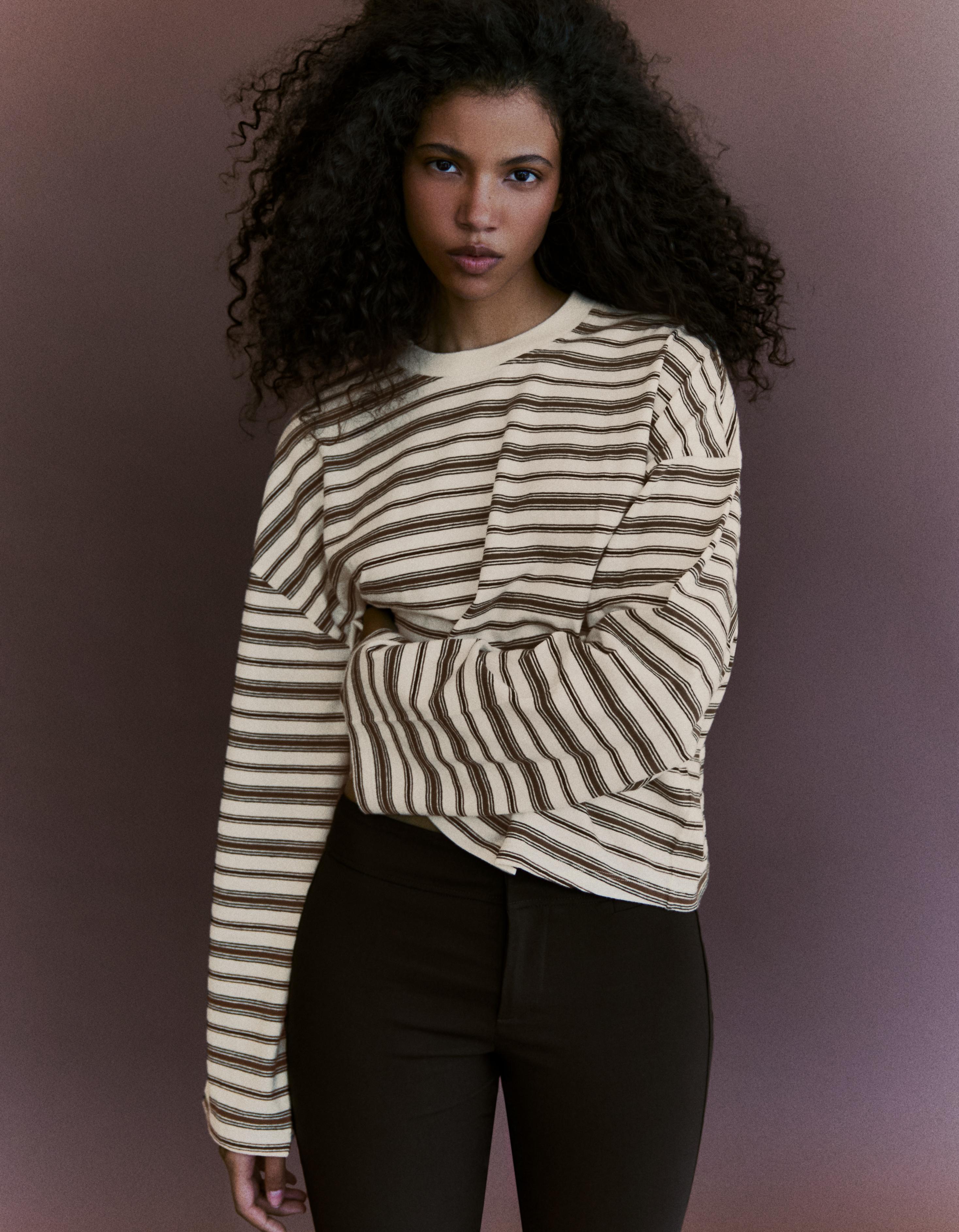 Striped boxy long sleeve T-shirt — Cream