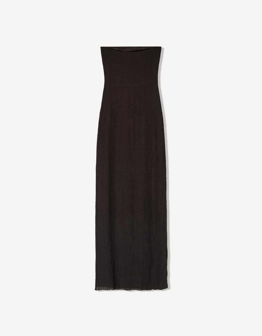 Rustic midi dress with bandeau neckline-Brown