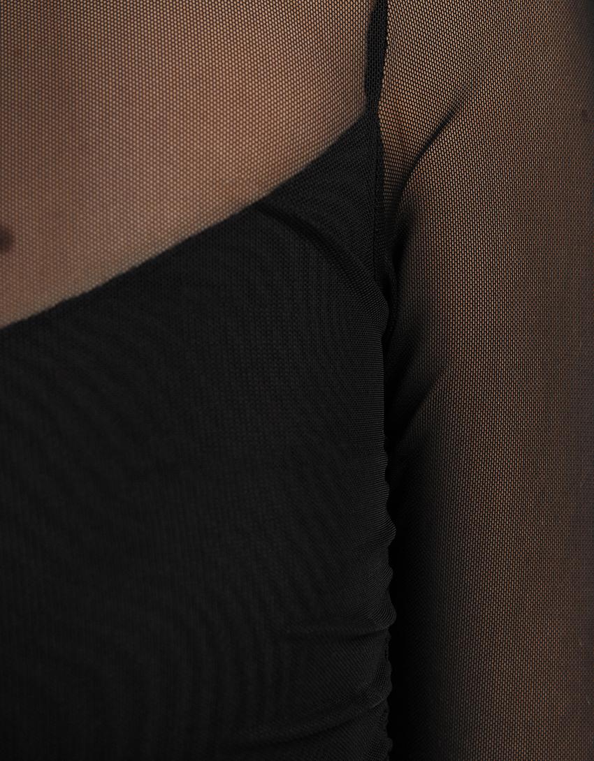 تيشرت تول بزمة وأكمام طويلة-أسود-5