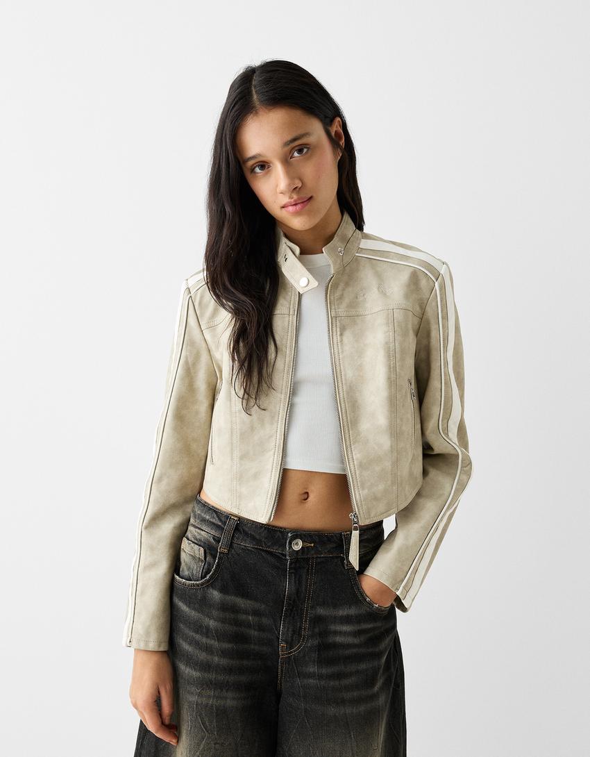 Faux leather jacket with side stripes-Sand-0