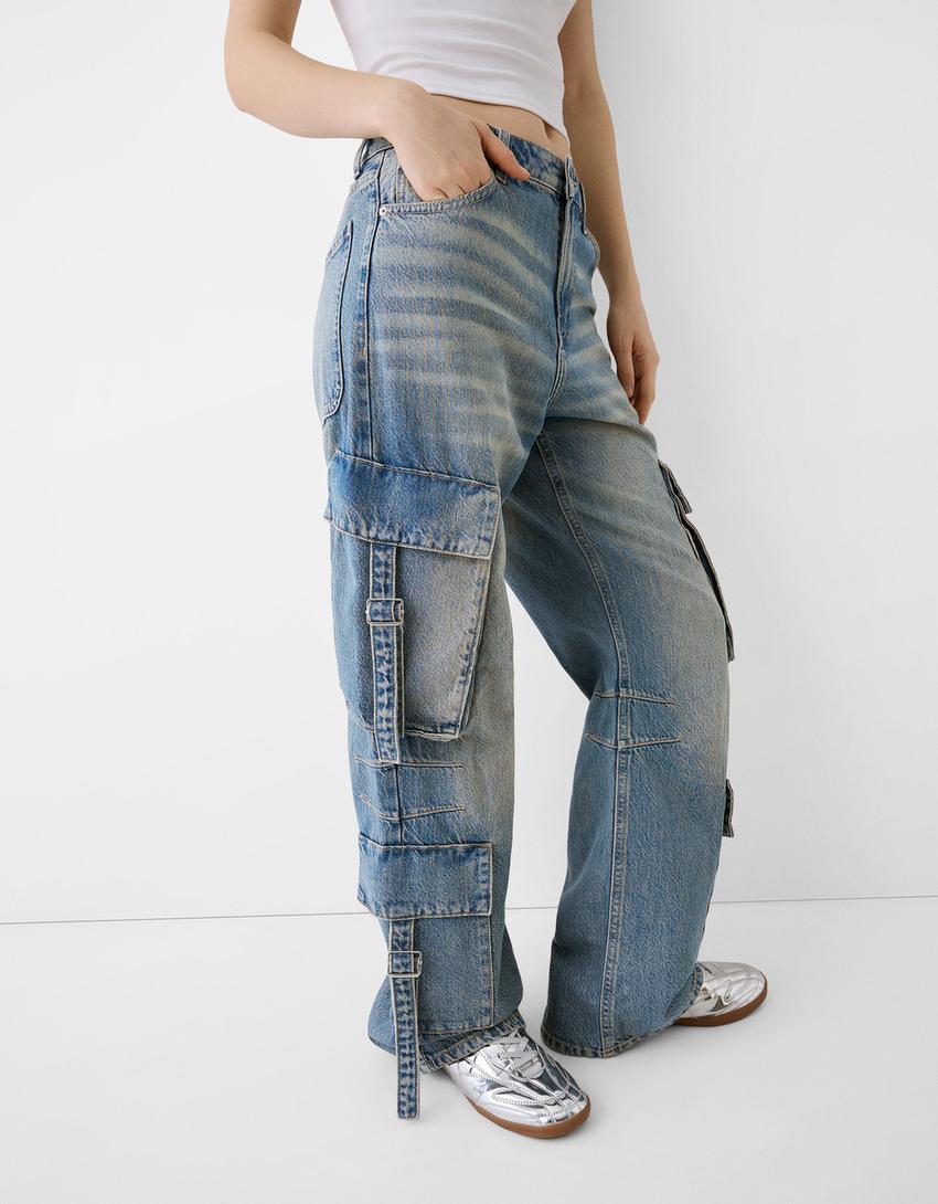 Cargo baggy jeans with straps-Washed out blue-2
