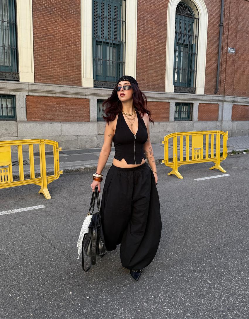Pantalon bouffant taille élastique-Noir-1