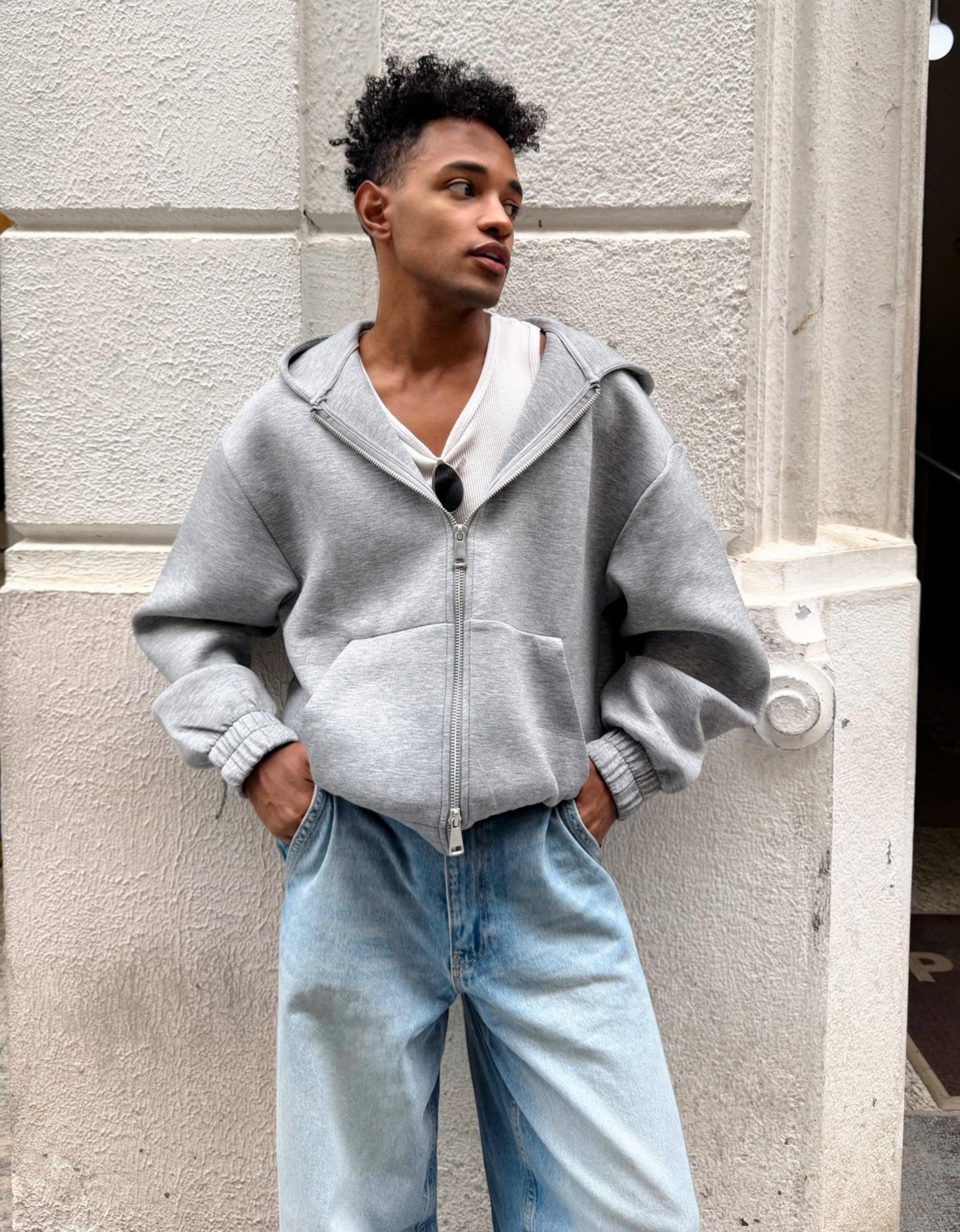 Fermuarlı sentetik kauçuk kumaş kapüşonlu sweatshirt - Görsel 40