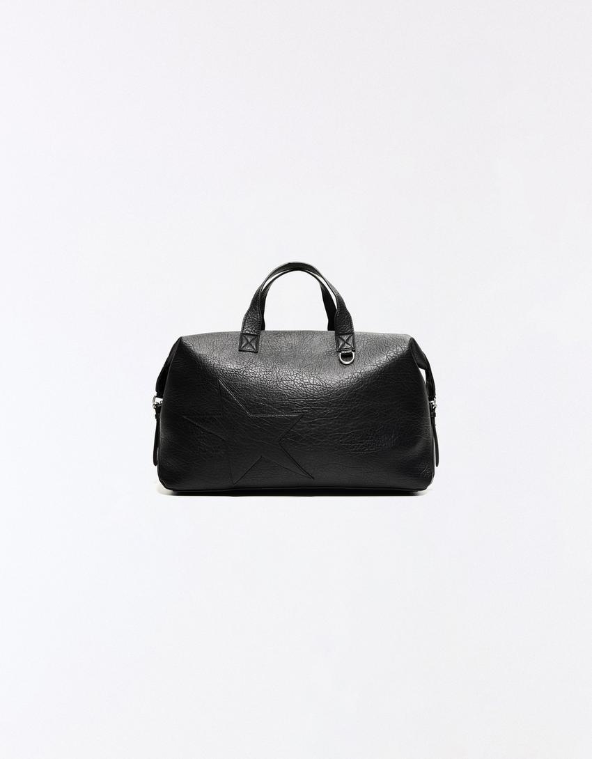 Star print faux leather travel bag-Black
