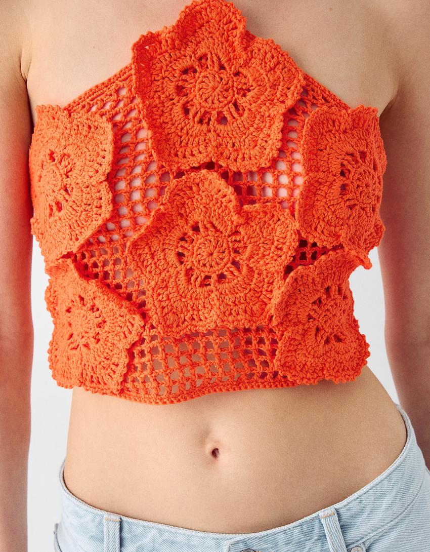 توب كروشيه بطبعة زهور-برتقالي-5