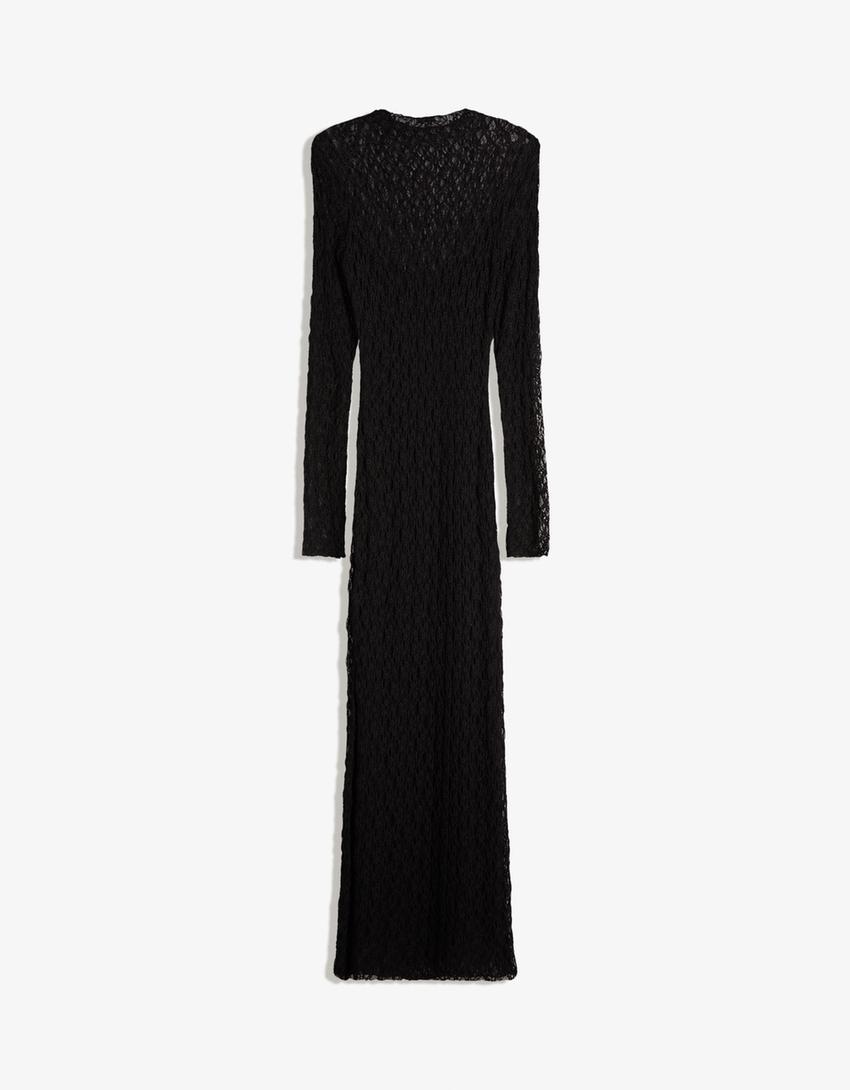 Vestido midi manga larga blonda-Negro