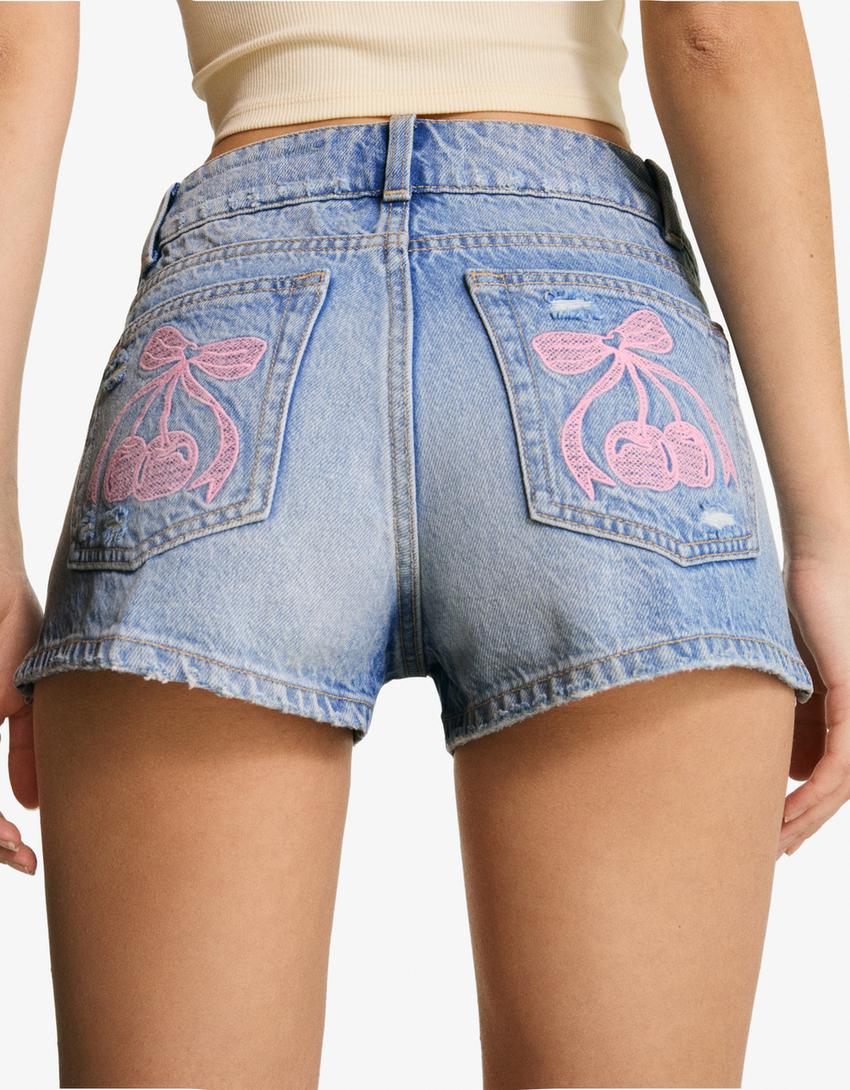 Printed denim shorts-Light blue