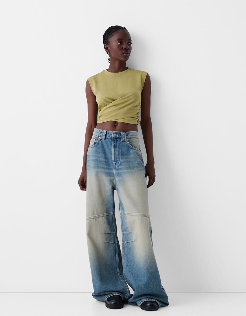 Sleeveless T-shirt with crossover front-Green-3