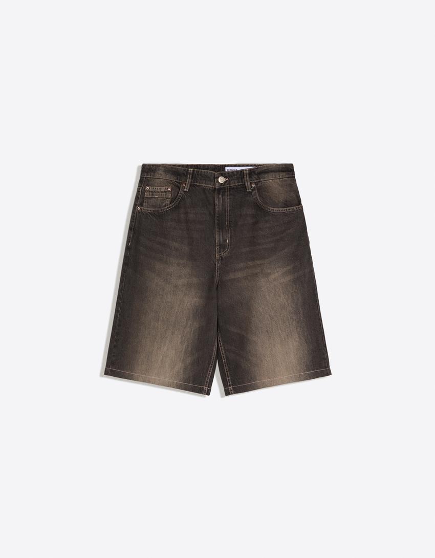 Bermuda jean super baggy brodée-Marron