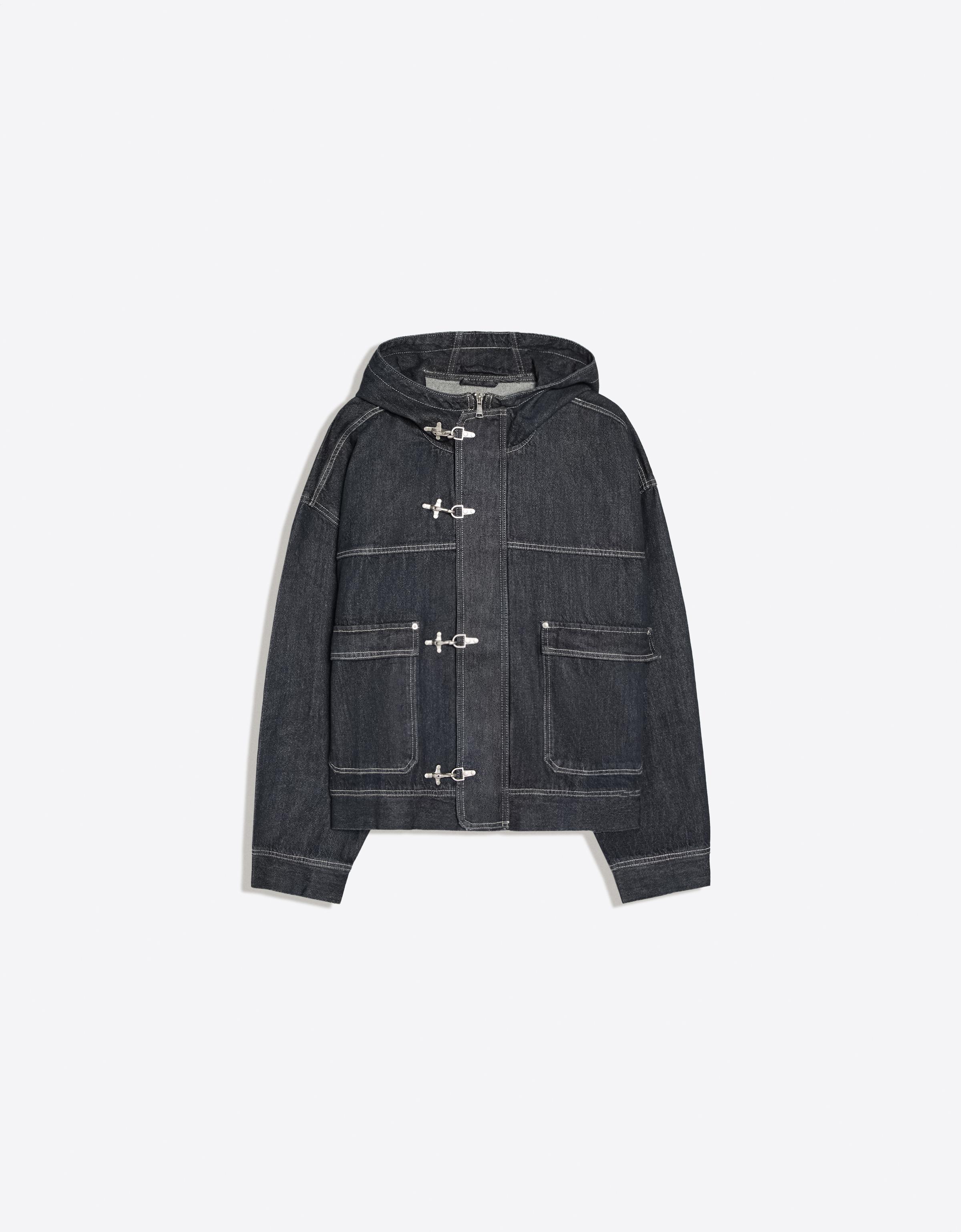 Denim jacket with hood and clasps — Navy