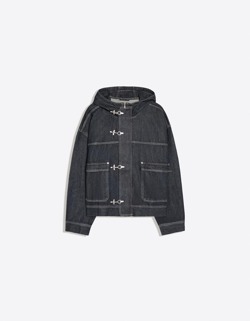 Cazadora denim capucha alamares-Marino