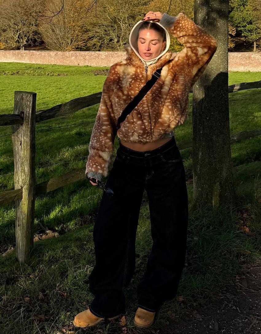 Casaco efeito de pelo animal print-Caramelo