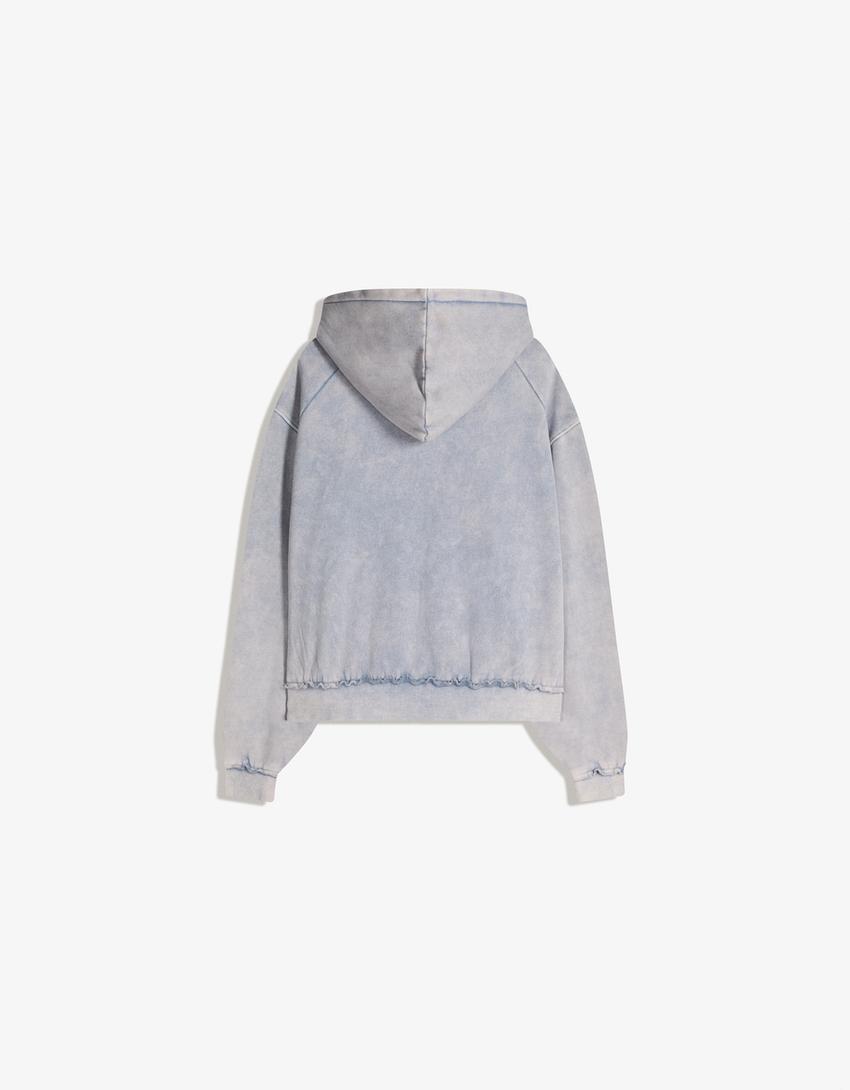 Embroidered zip-up hoodie-Light blue