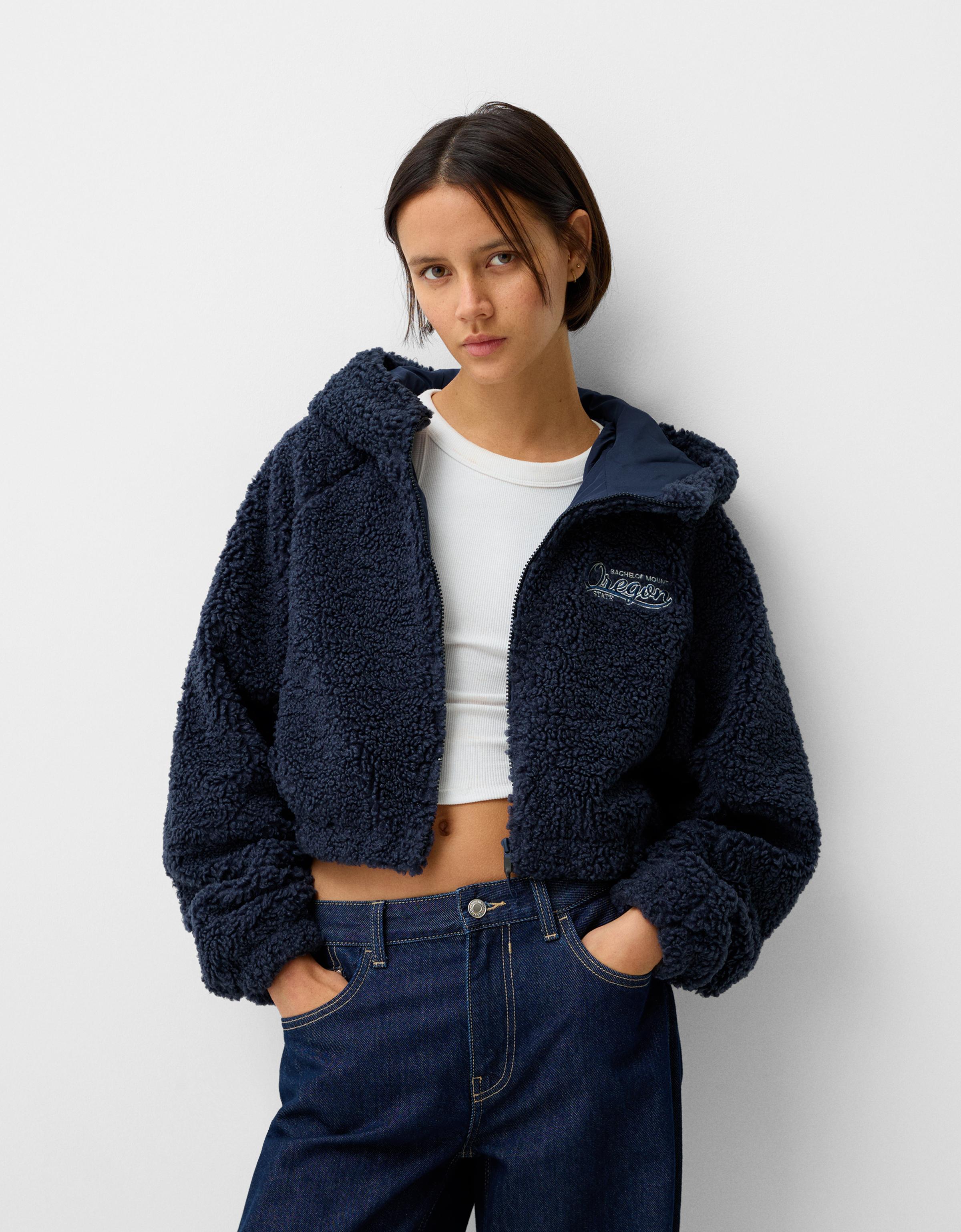 Bershka Jacke Aus Lammfellimitat Mit Kapuze Und Stickerei Damen M Marinenblau