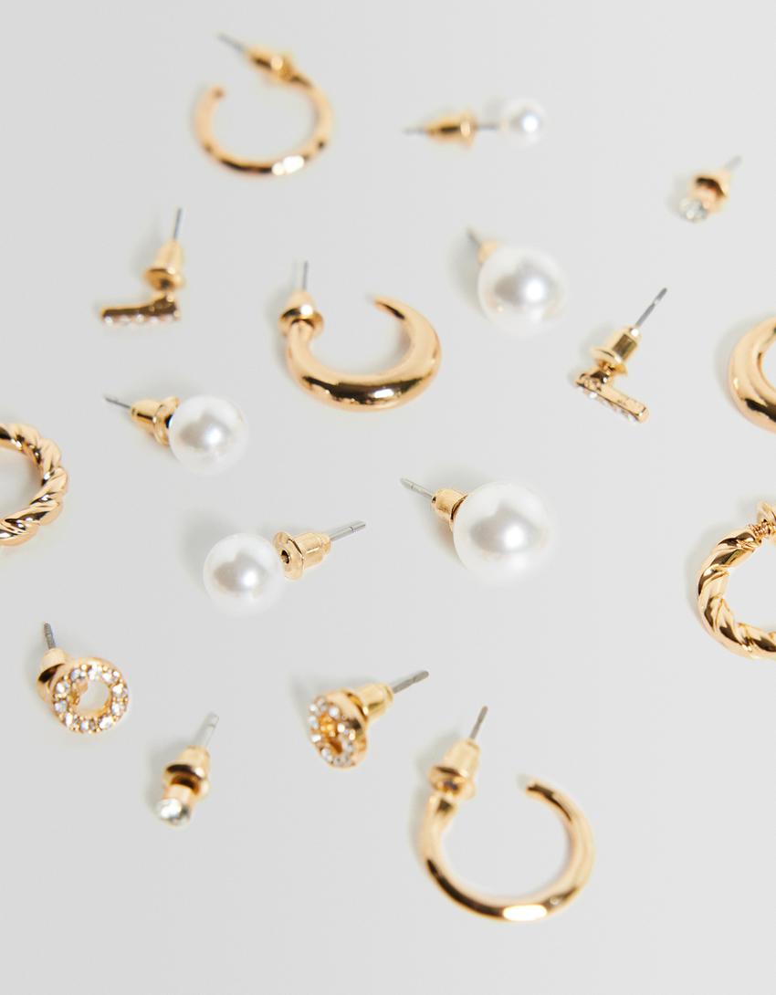 طقم من 9 عقود حلقية من اللؤلؤ الصناعي-ذهبي-2