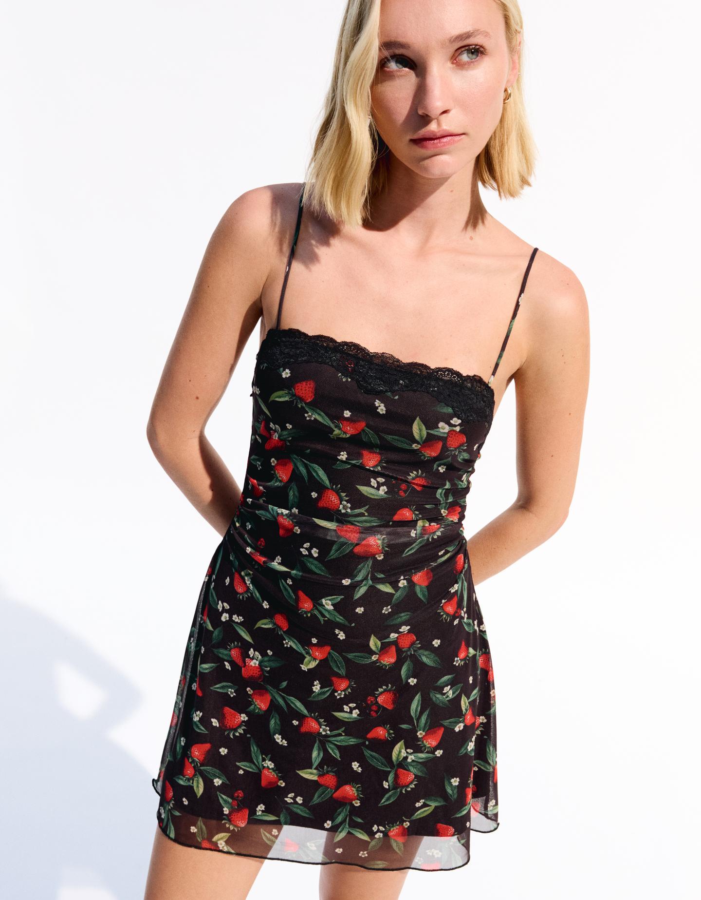 Bershka wzorzysta sukienka mini z tiulu czarny