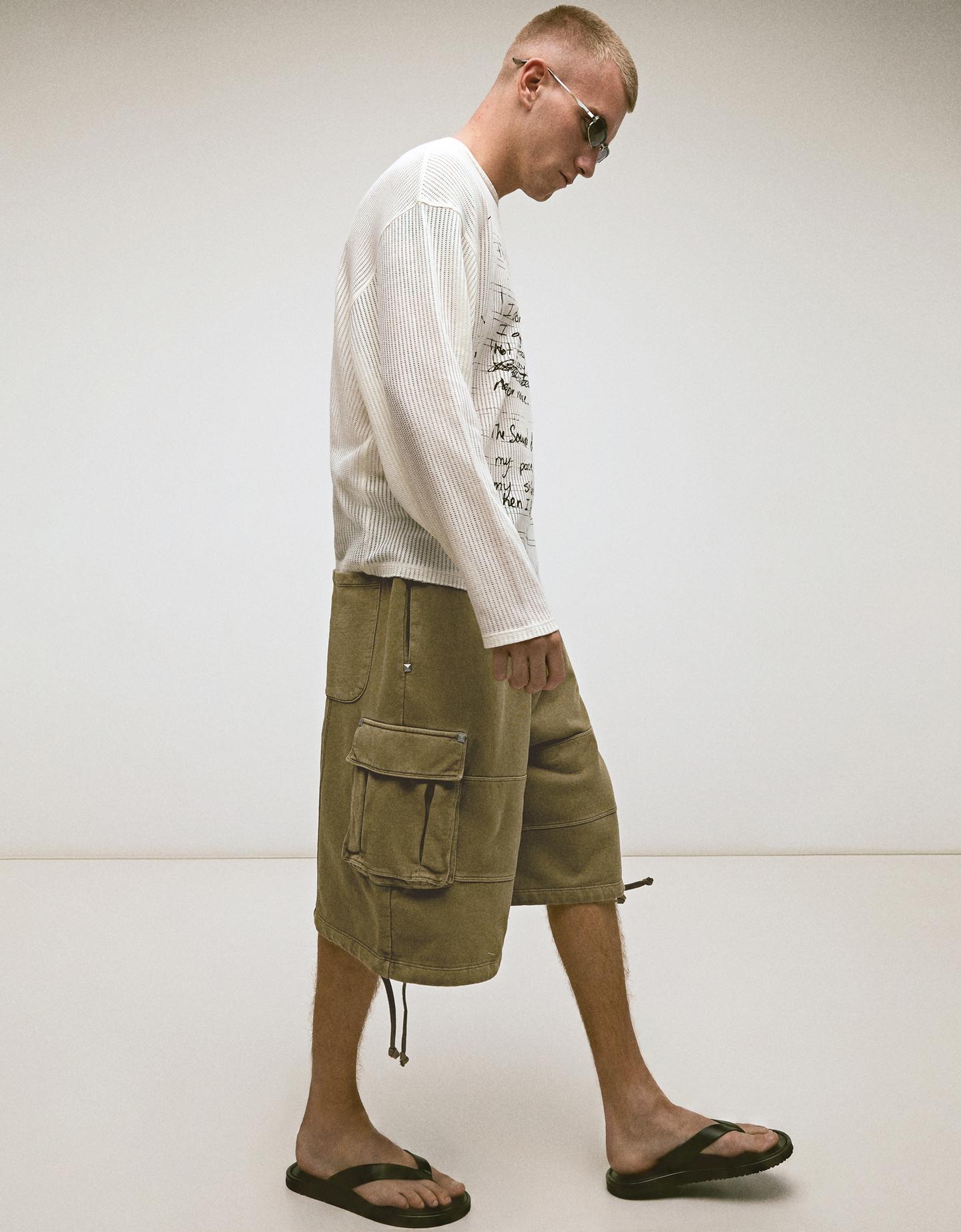 Bershka Bermuda Jort Cargo Efecto Lavado Hombre Kaki