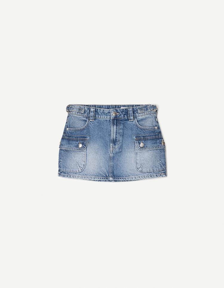 Denim cargo skirt with straps
