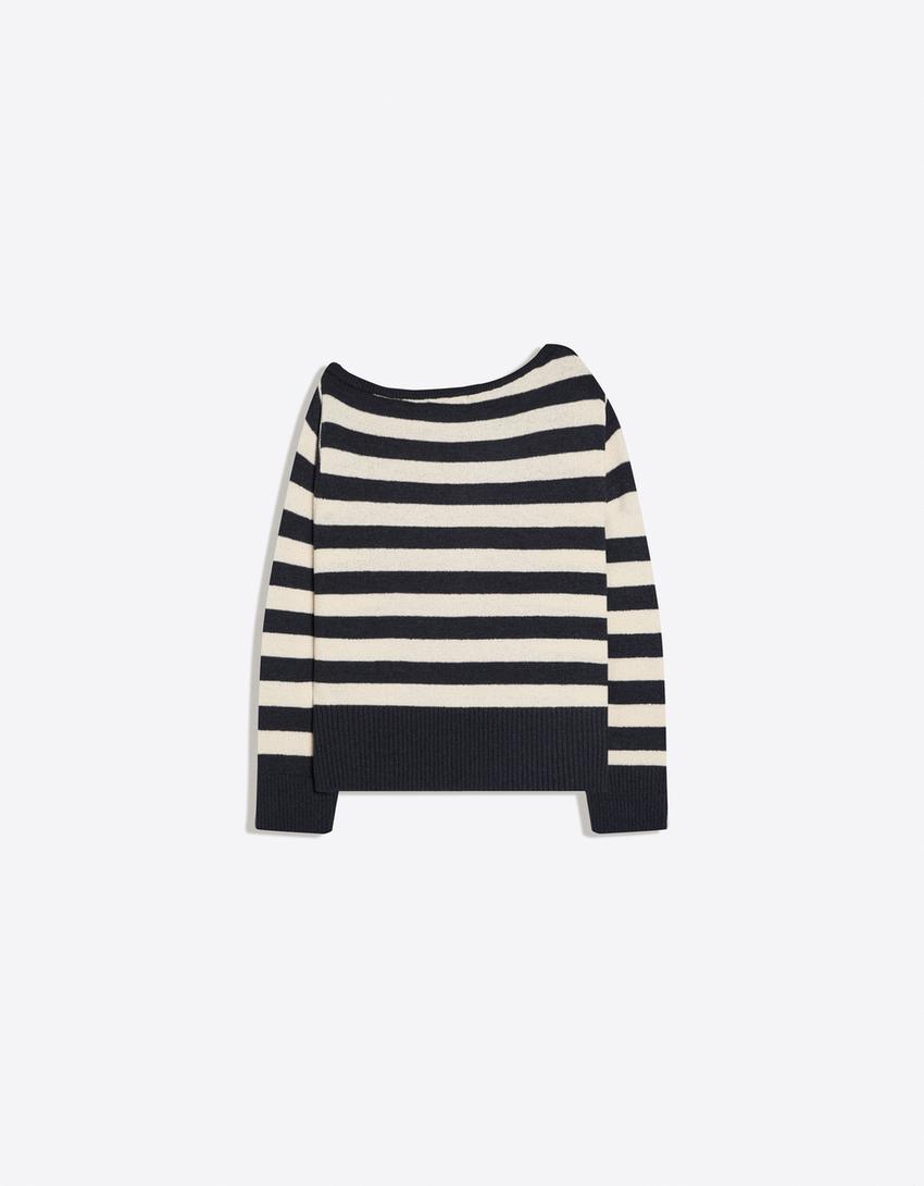 Rustic striped asymmetric sweater-Blue