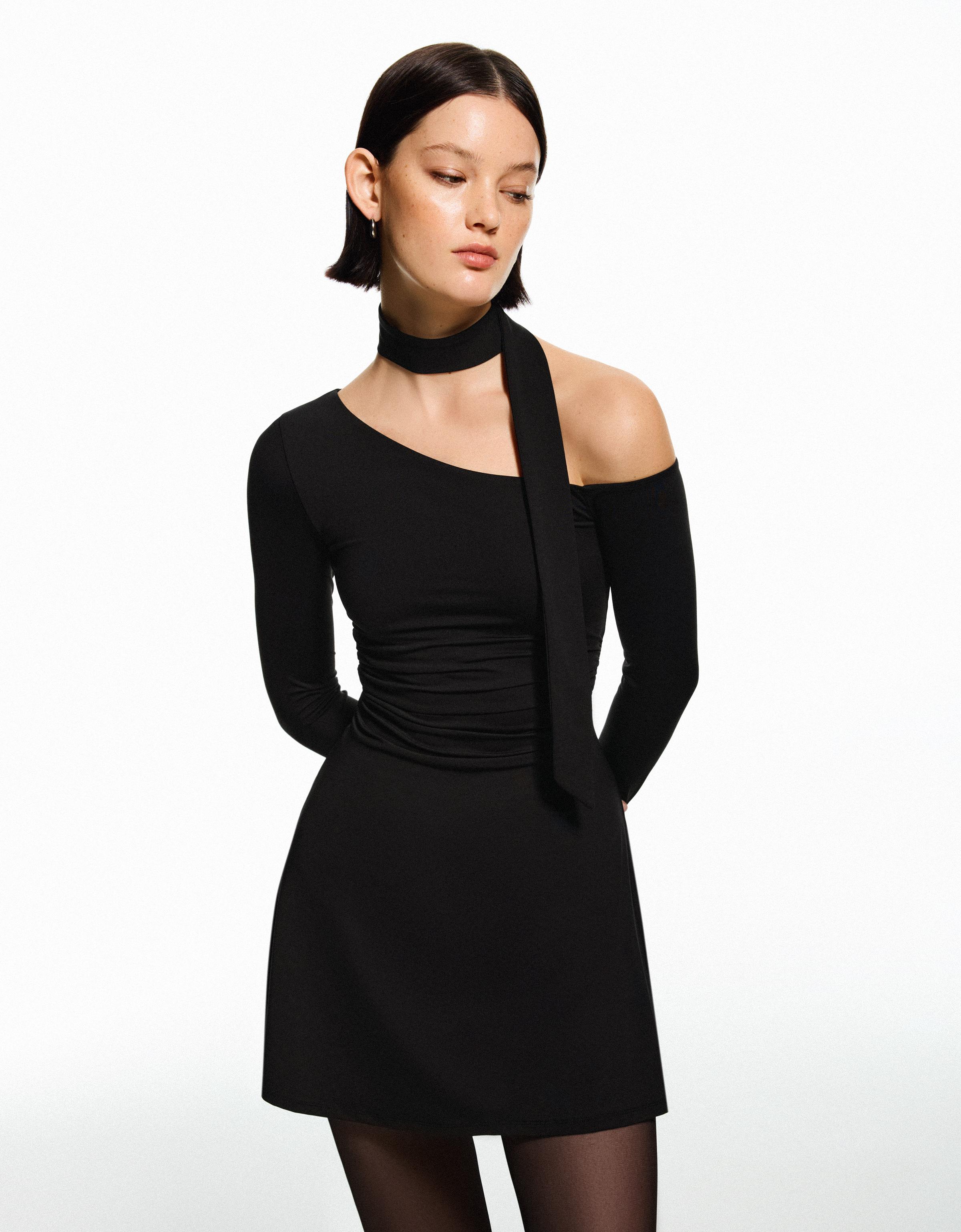 Bershka Mini-Kleid Mit Lange Ärmeln Und Tuch-Detail Damen M Schwarz