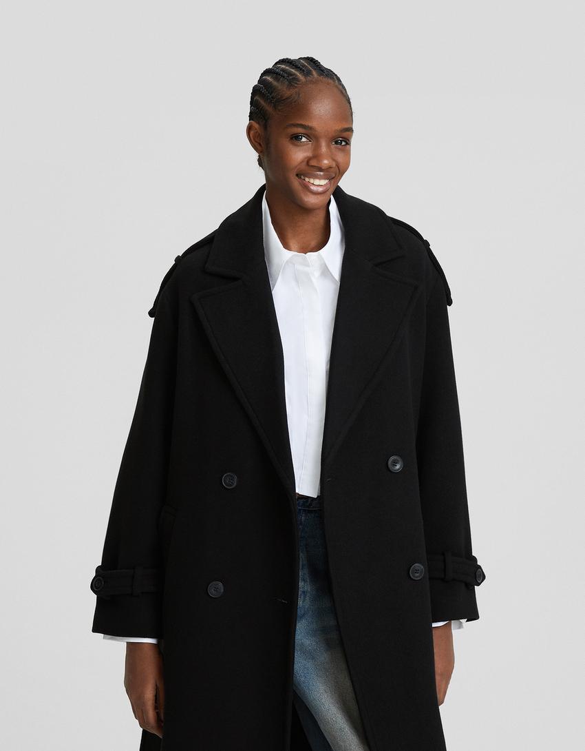 Manteau trench en laine-Noir-1