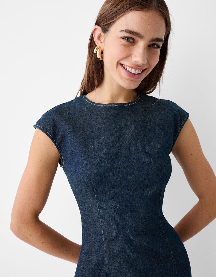 Short sleeve denim mini dress-Blue-3