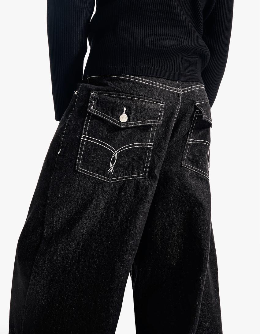 İşlemeli super baggy fit jean-Siyah