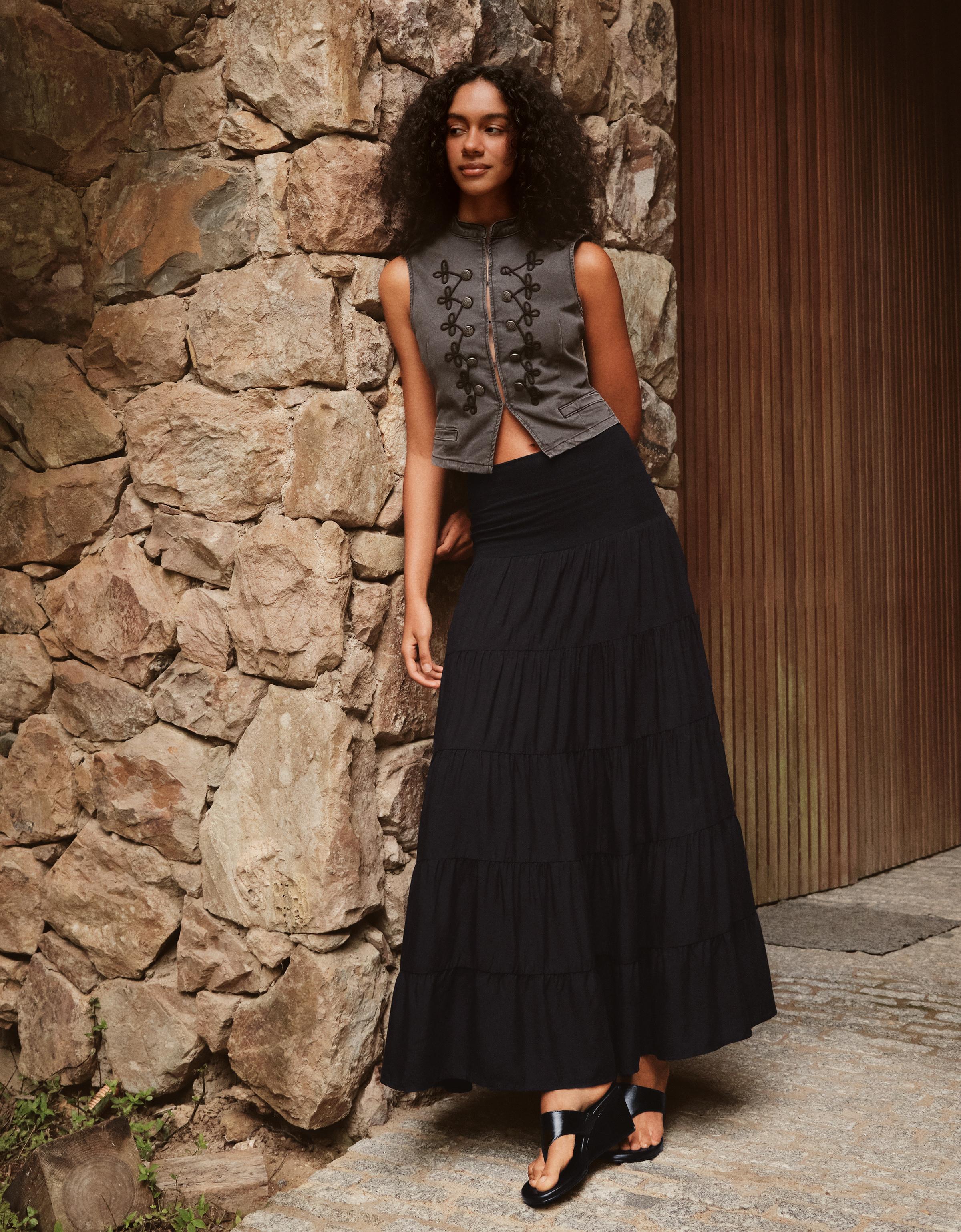 Fold-over waist midi skirt — Black