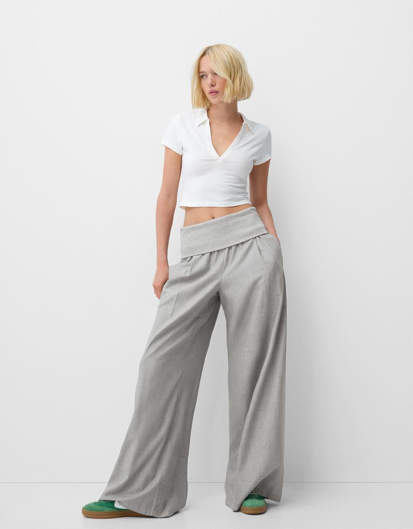 Trousers Folding Jeans Legs Wide-leg Trousers With Fold-over Waist