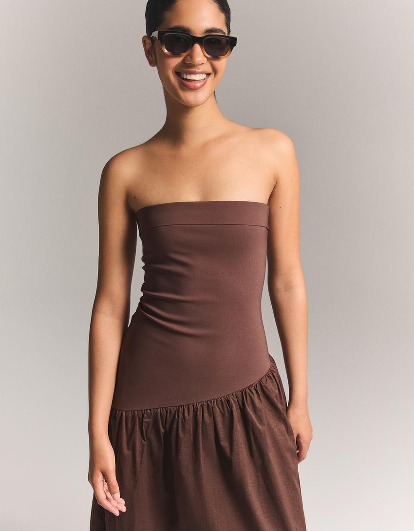 فستان ميدي بدون حمالات-بني