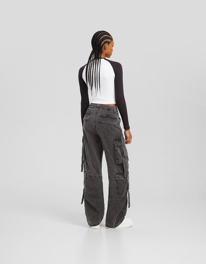 Cotton cargo trousers with straps-Grey-2