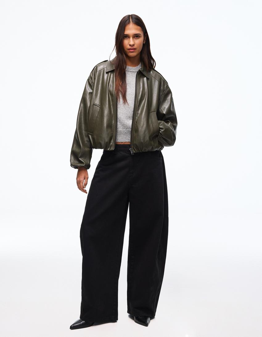 Balloon leather effect jacket-Khaki