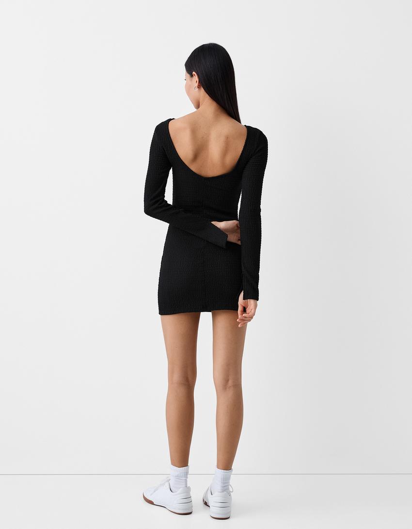 Waffle-knit long sleeve mini dress-Black