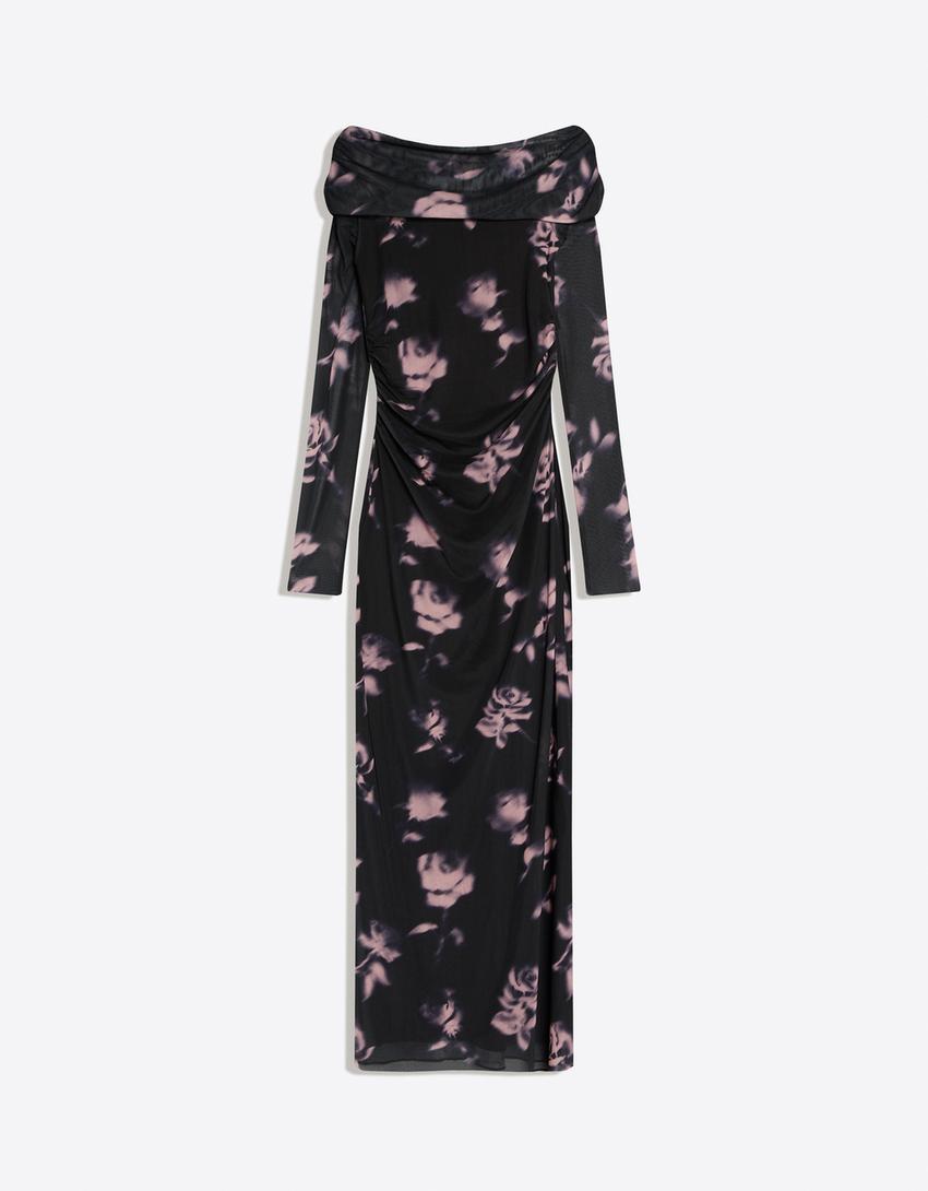 Robe midi manches longues bardot tulle imprimé-Gris