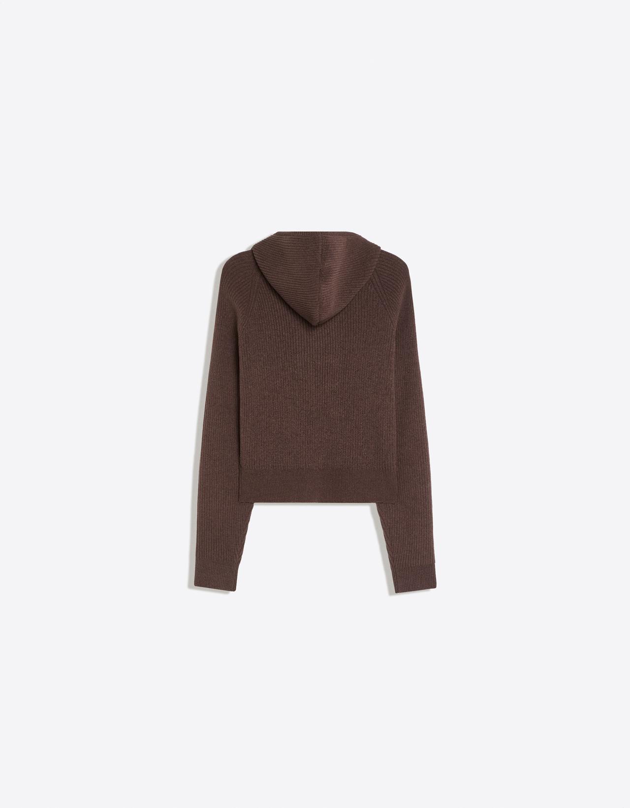 Rib-knit double-breasted hooded jacket — Brown