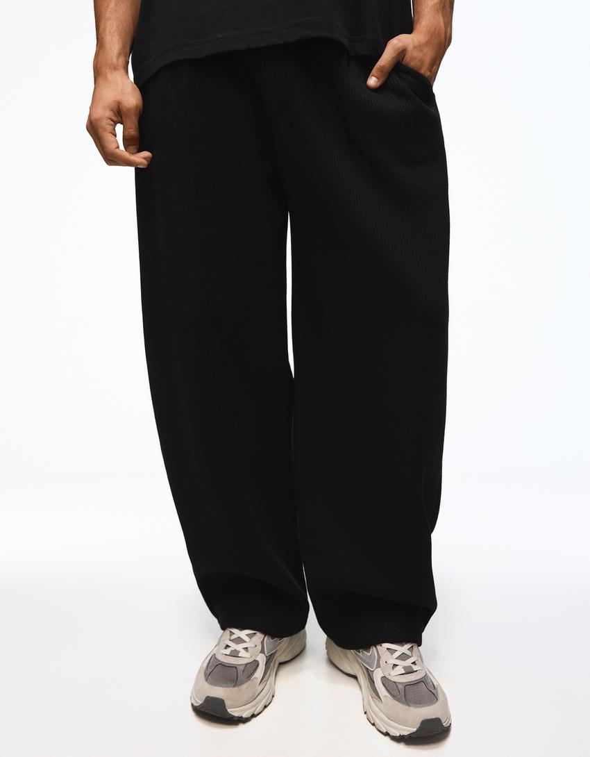 Embroidered waffle-knit balloon trousers-Black