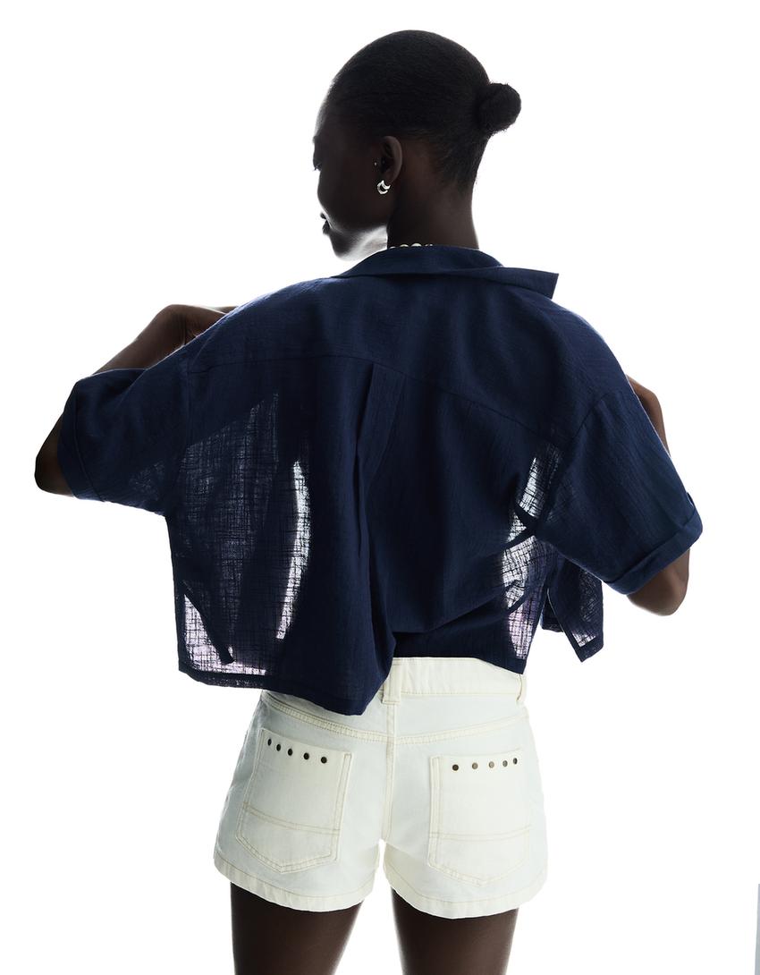 Textured rustic short sleeve shirt-Blue