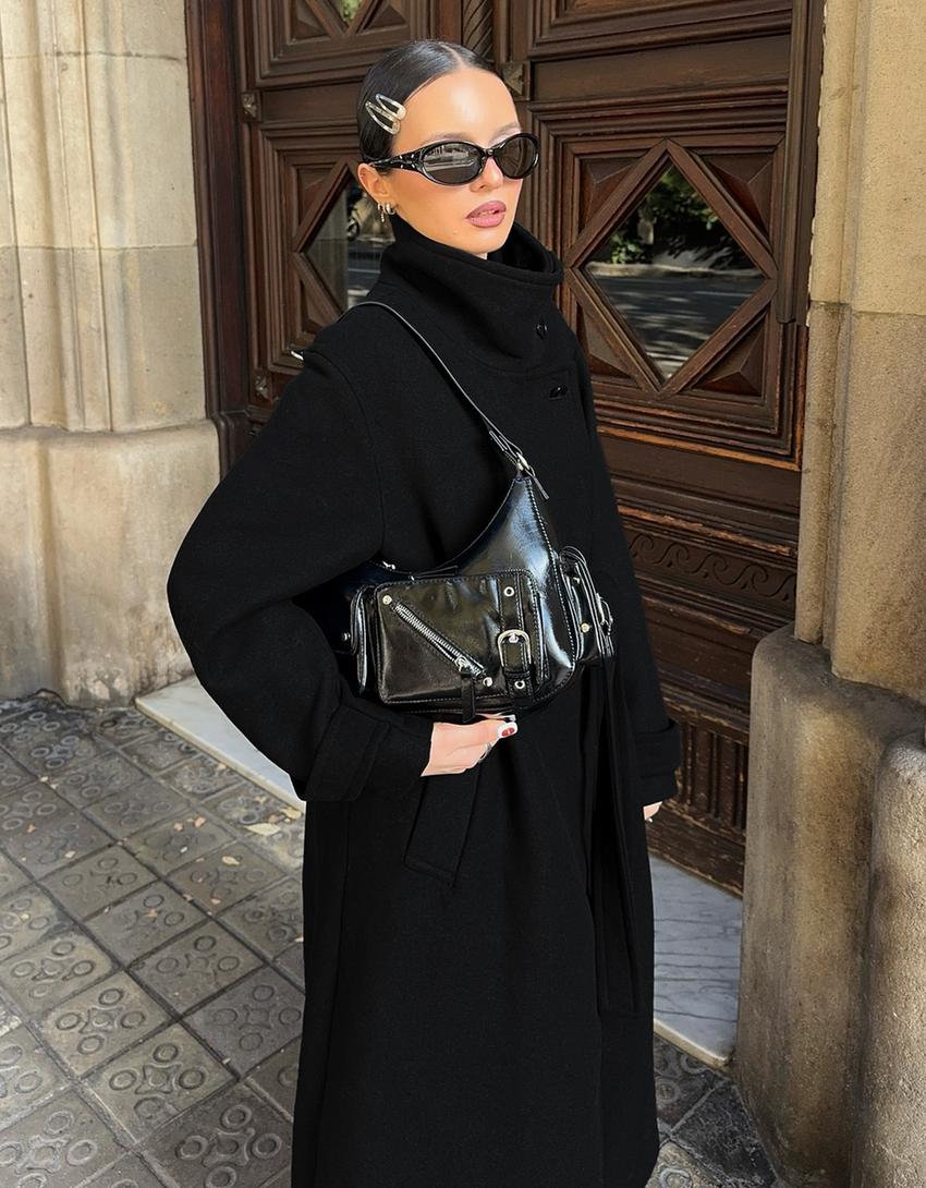 Long high neck coat-Black