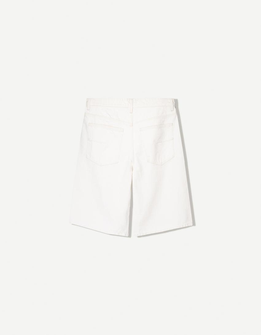 Baggy denim Bermuda shorts-Cream-1