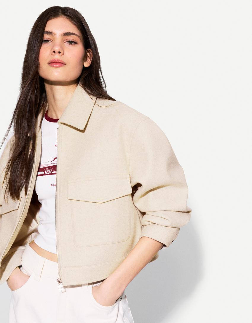 Yumuşak crop ceket-Krem