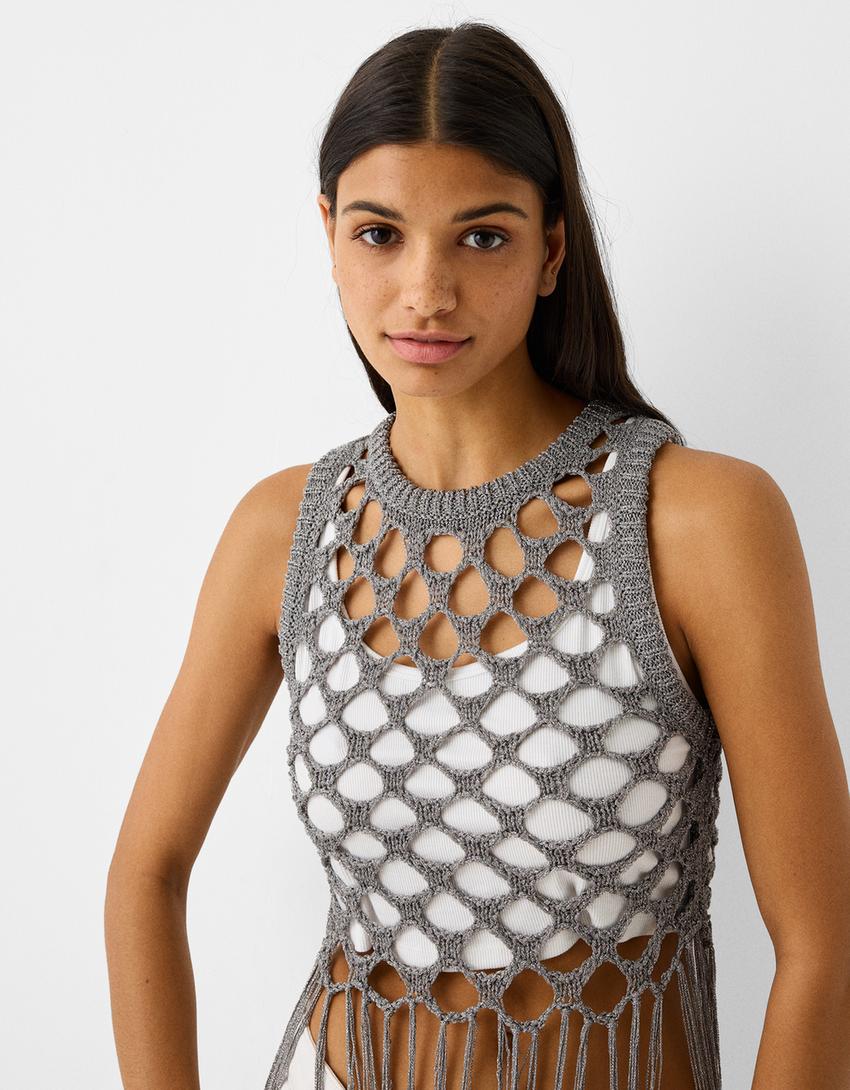 Top ajouré col rond franges-Argent-5