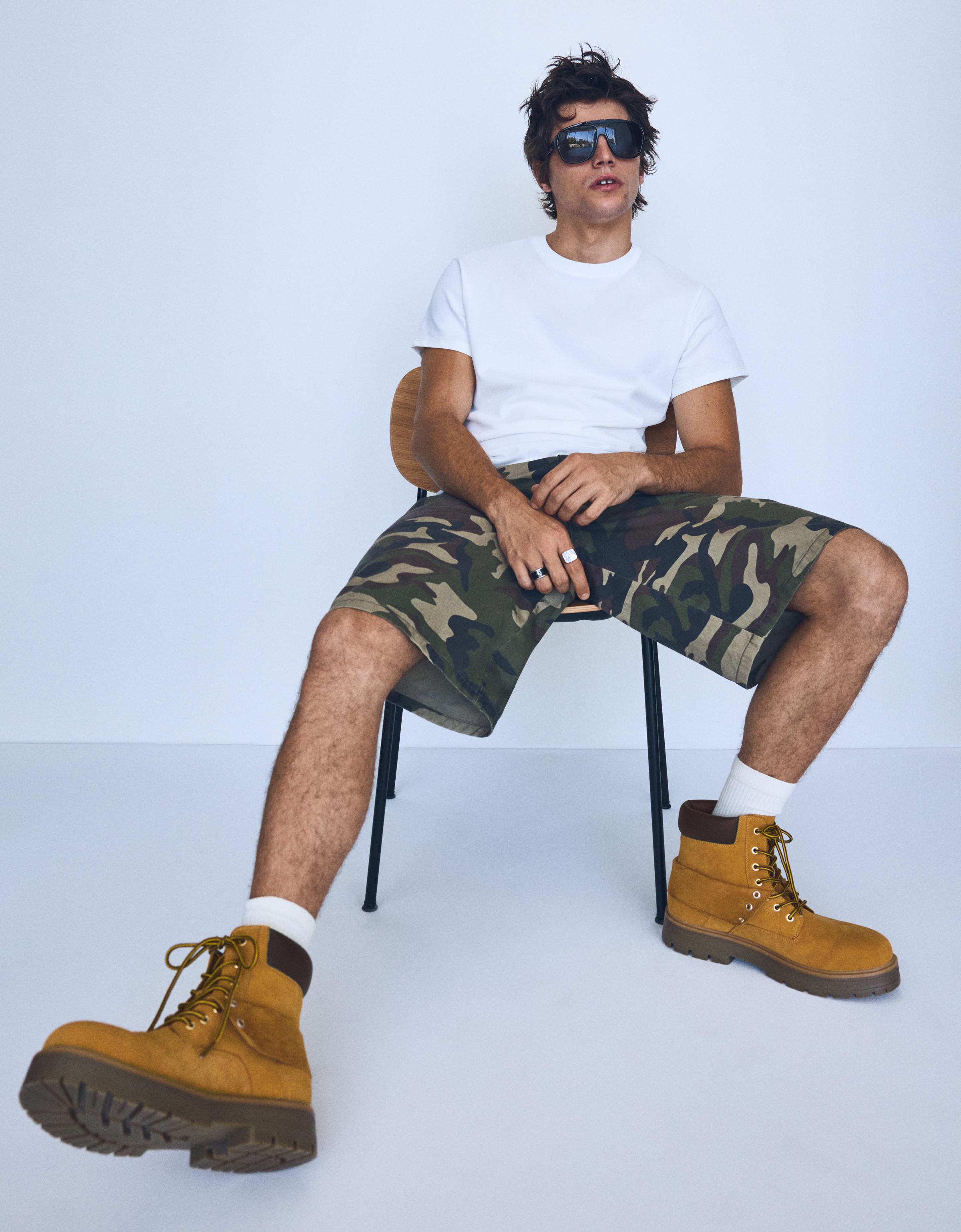 LACE-UP WORKER ANKLE BOOTS — SAND