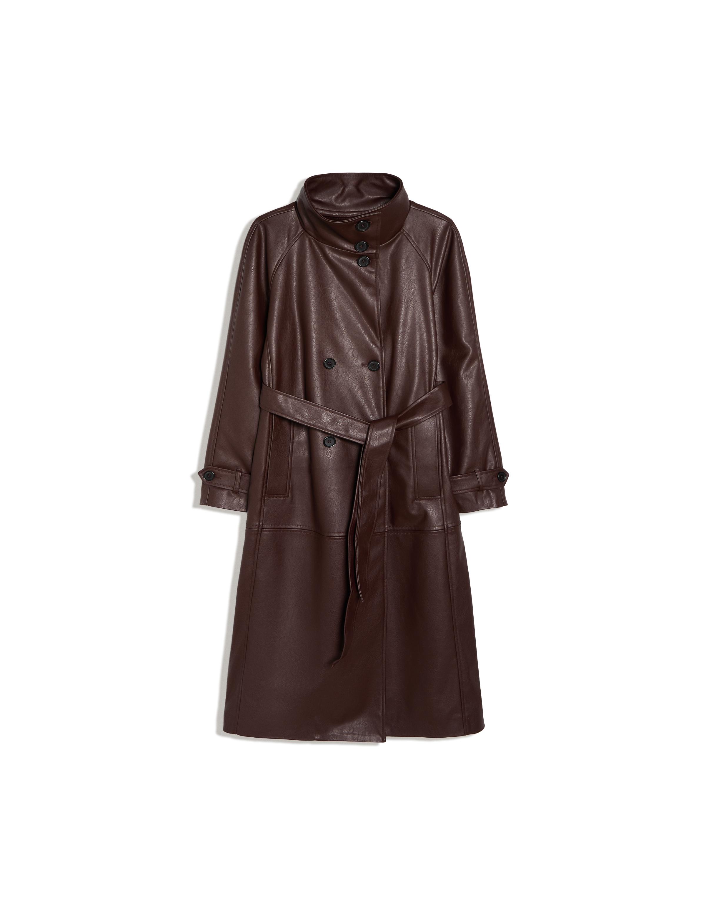 Long leather effect belt trench coat with funnel neck — Burgundy