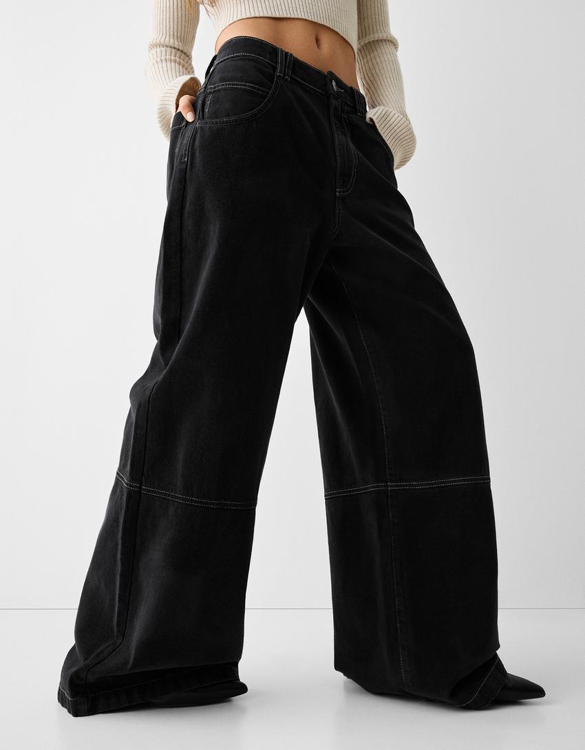 Wide-leg skater-fit twill trousers-Grey